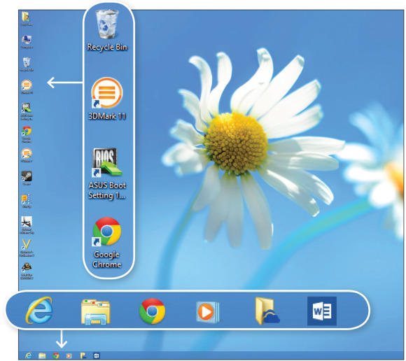 The desktop offers familiar shortcuts and pinned icons.